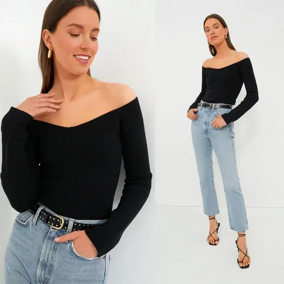 Tuckernuck NEW Black Knit Nicola Compression Off the Shoulder V Neck Top Size L - Picture 1 of 9